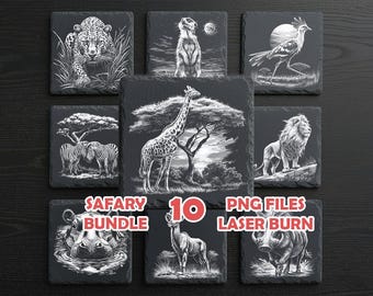 Op de afbeelding: Een set van tien vierkante leistenen onderzetters met lasergebrande safari-dierontwerpen. De afbeeldingen omvatten een luipaard, stokstaartje, vogel, zebra's, giraffe, leeuw, nijlpaard, antilope en neushoorn. Tekst op de onderzetters luidt "SAFARI BUNDLE" en "10 PNG FILES LASER BURN".