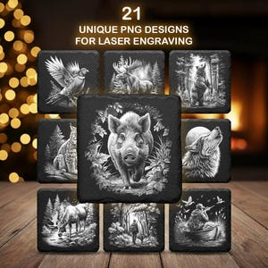 May include: A collection of 21 square coasters with unique PNG designs for laser engraving. Each coaster features a detailed black and white illustration of wildlife, including a pheasant, moose, bear, lynx, boar, wolf, deer, and hunter.