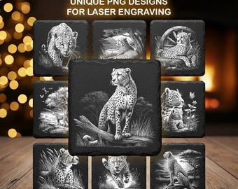 Op de afbeelding: Een verzameling van 18 unieke PNG-ontwerpen voor lasergraveren, met zwarte vierkante onderzetters met gedetailleerde grijswaarden illustraties van cheeta's. De tekst "18 UNIQUE PNG DESIGNS FOR LASER ENGRAVING" staat bovenaan.