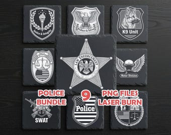 Pacchetto PNG per incisione laser della polizia: design di distintivi delle forze dell'ordine per sottobicchieri in ardesia, Glowforge, xTool, LightBurn e file per incisione CNC