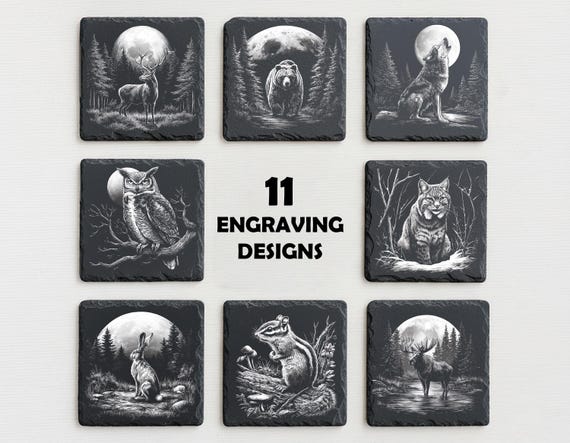 Wildlife Laser Engraving Bundle – Deer, Wolf, Bear PNG Files for Slate Coasters, Hunting Decor, Glowforge & LightBurn Designs