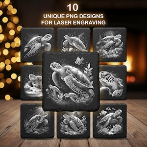 May include: Ten square black coasters with unique sea turtle designs for laser engraving. Each coaster features a detailed black and white illustration of a sea turtle in various aquatic settings, with the text "10 UNIQUE PNG DESIGNS FOR LASER ENGRAVING" at the top.