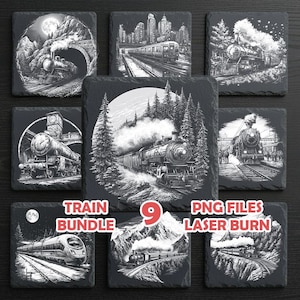 May include: Nine black square coasters with white train illustrations. Each coaster features a different train scene, including trains in mountains, cities, and forests. Text on the coasters reads "TRAIN BUNDLE", "9", "PNG FILES", and "LASER BURN".