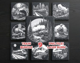Train Laser Engraving PNG Bundle – CNC Digital Files for Glowforge, LightBurn, xTool | Slate Coasters, Locomotive Designs, Commercial Use