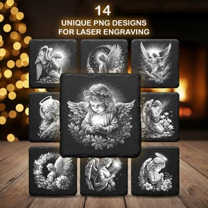 May include: A collection of 14 unique PNG designs for laser engraving. The designs feature detailed black and white illustrations of angels on square slate coasters. The angels are depicted in various poses, with halos and wings.