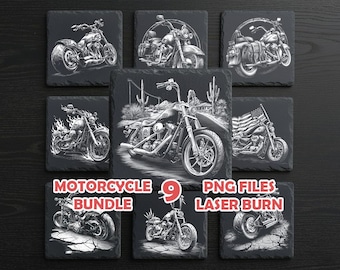 Motorcycle Laser Engraving PNG Bundle – Design for Slate Coasters, Glowforge, xTool, LightBurn, CNC Engraving Files