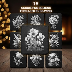 May include: A collection of sixteen square black slate coasters with unique white floral and botanical designs. The coasters feature various detailed illustrations of flowers and plants, perfect for laser engraving. Text at the top reads "16 UNIQUE PNG DESIGNS FOR LASER ENGRAVING."
