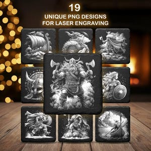 Peut inclure: Ensemble de neuf dessous de verre carrés noirs avec des motifs vikings. Chaque dessous de verre présente une illustration en noir et blanc de guerriers, navires et symboles vikings. Le texte "19 UNIQUE PNG DESIGNS FOR LASER ENGRAVING" est en haut.