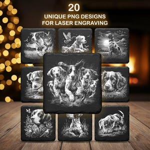 Puede incluir: Una colección de 20 diseños PNG únicos para grabado láser, con ilustraciones detalladas en blanco y negro de varias razas de perros. Los diseños se muestran en posavasos cuadrados y oscuros, mostrando diferentes poses y escenas de perros.