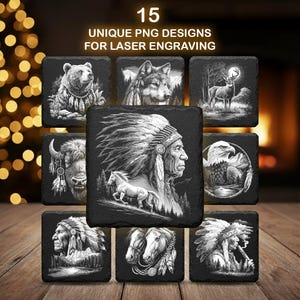 Puede incluir: Una colección de 15 diseños PNG únicos para grabado láser. Los diseños presentan ilustraciones en blanco y negro de vida silvestre, incluyendo un oso, un lobo, un ciervo, un bisonte, un águila y retratos de nativos americanos. Los diseños están en posavasos cuadrados de color oscuro.
