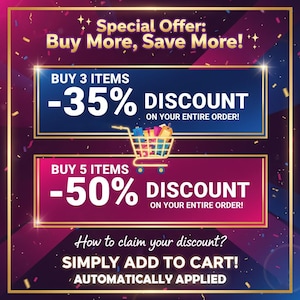 May include: A promotional graphic with a dark purple and gold background. It features text that reads "Special Offer: Buy More, Save More!" and details discounts: Buy 3 items, get 35% off, and Buy 5 items, get 50% off. A shopping cart graphic is also included.