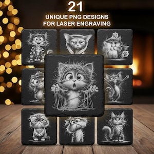 Quirky Cats Gravur Bundle - 21 lustige Katzen PNGs für Laser und CNC Schiefer Untersetzer