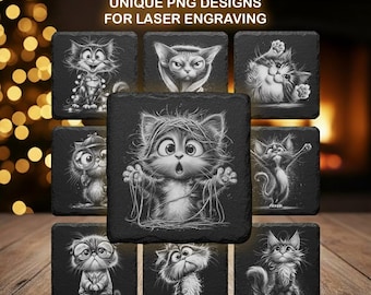 Quirky Cats Engraving Bundle – 21 Funny Cat PNGs for Laser and CNC Slate Coasters