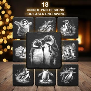 May include: A collection of square, black coasters with engraved penguin designs. The coasters feature various penguin illustrations, including penguins in water, standing, and in groups. Text at the top reads "18 UNIQUE PNG DESIGNS FOR LASER ENGRAVING."