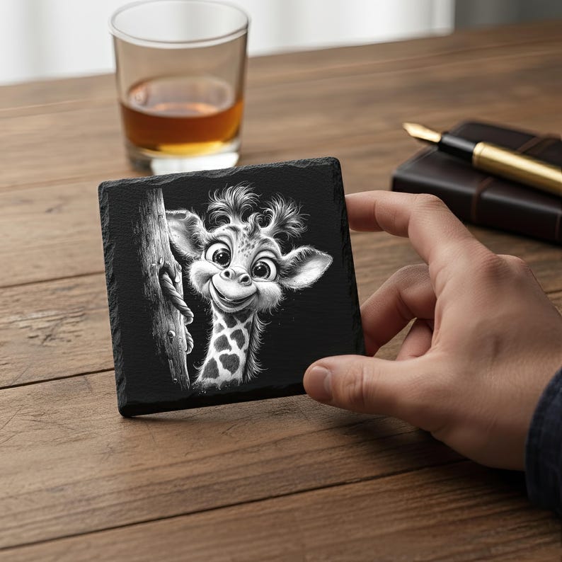 May include: Black square coaster featuring a cartoon giraffe peeking from behind a tree. The giraffe is black and white with a smiling expression. The coaster is held by a hand, with a glass of amber liquid and a pen in the background.