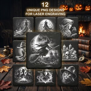 May include: A collection of 12 unique PNG designs for laser engraving, featuring grayscale illustrations of witches, cats, and spooky scenes. The designs are displayed on square, dark gray coasters, arranged on a wooden surface with autumn leaves and pumpkins.