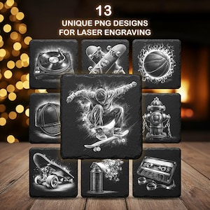 May include: A collection of 13 unique PNG designs for laser engraving. The designs include a turntable, skateboards, a basketball, a baseball cap, a skateboarder, a fire hydrant, a spray can, and a cassette tape. The designs are in black and white.