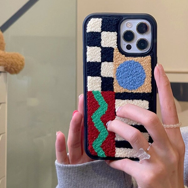 TGF Korean Splicing Geometry Lattice Plush Soft Case For IPhone 13 12 7 8 Plus 11 14 Pro XR X XS Max Lovely Boho Kawaii