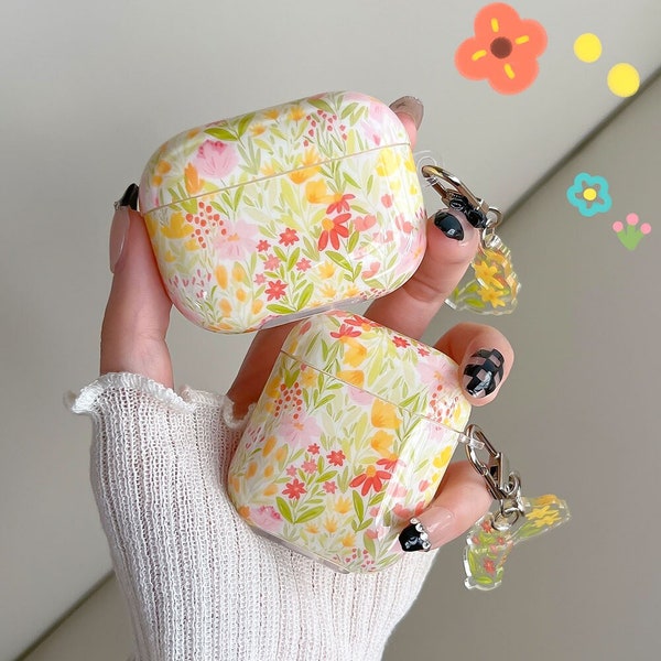 TGF Korean Cute Fresh Flowers Leaf Case with Keyring for AirPods 1 2 Pro Bluetooth Earphone Cases for AirPod 3 2 Soft Headset Cover