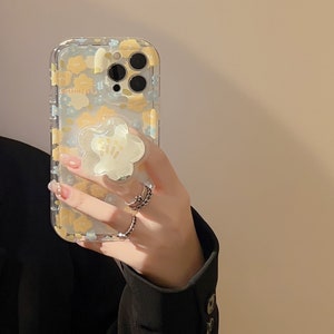 TGF Korean Summer Yellow Floral Clear Quicksand Flowers Bracket Soft Phone Case For IPhone 14 12 11 13 Pro Max 11 12 13 14 Cover