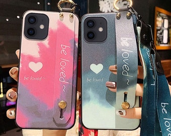 TGF Kawaii Korean Holder Case For iphone 11 12 13 14 Pro Max XR X Xs Max Colorful Flower Soft TPU Neck Wrist Strap Lanyard Case