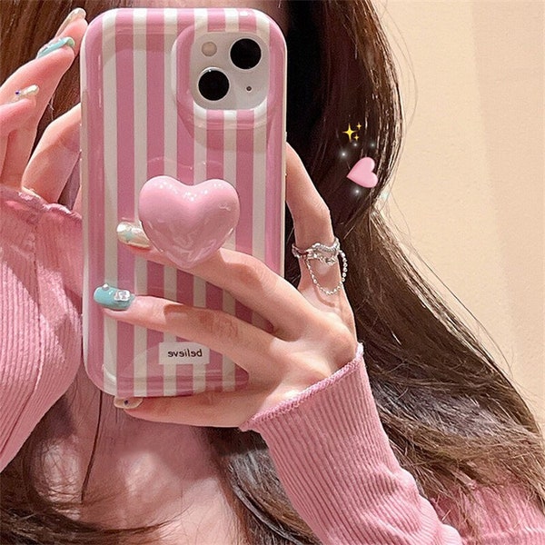 TGF Cute 3D Love Heart Stand Holder Case For IPhone 14 12 13 Pro Max 11 Girl Bracket Kawaii Shockproof Silicone Cover for 14 pro