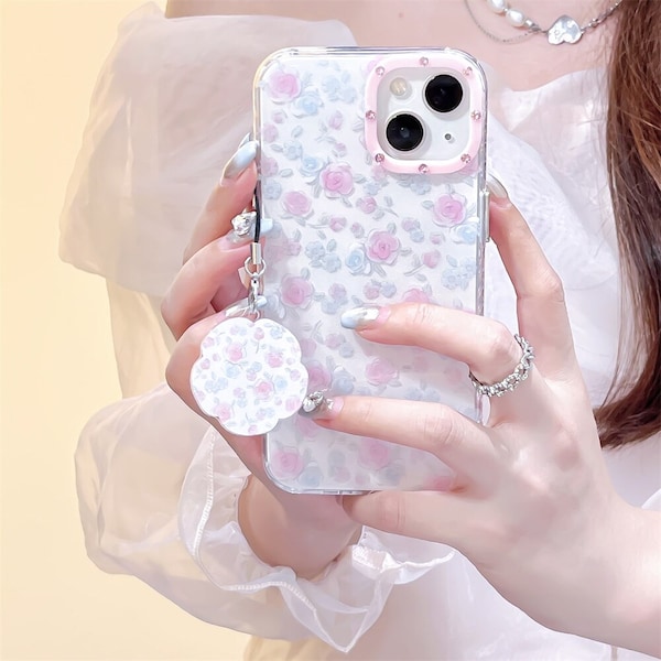 TGF Korean Pink Blue Floral Pendant Soft Phone Case For IPhone 14 12 11 13 Pro Max 11 12 13 14 Protective Back Cover