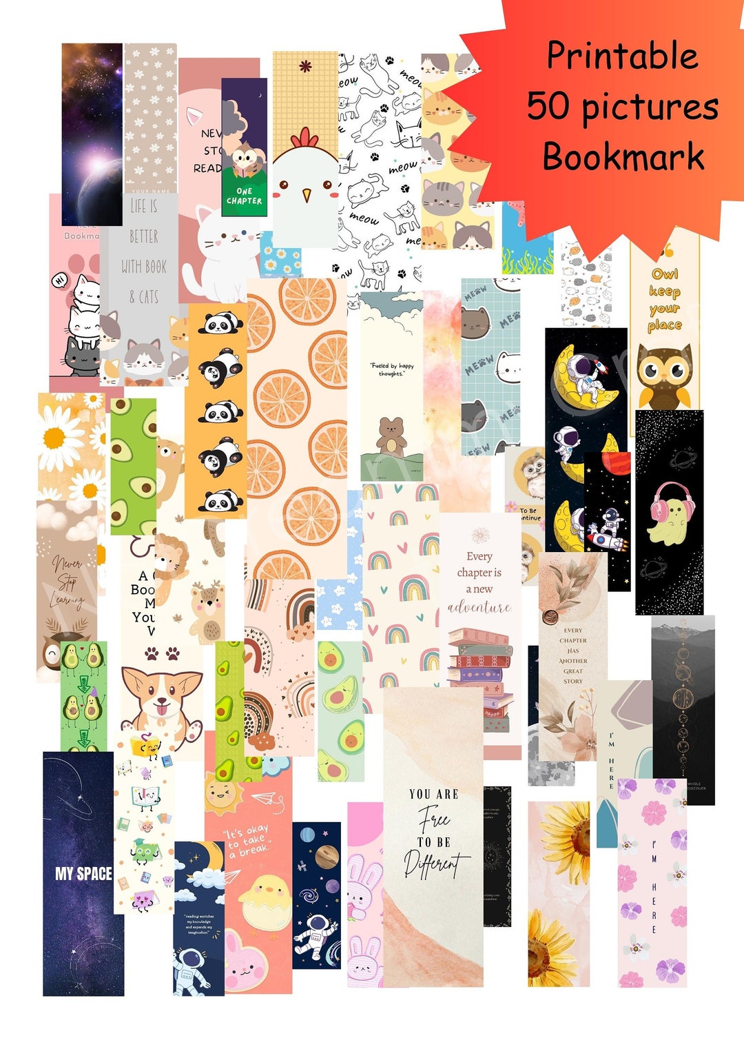 50 Printable Bookmarks Multiple Mixed Cute Cartoon Elegant Etsy
