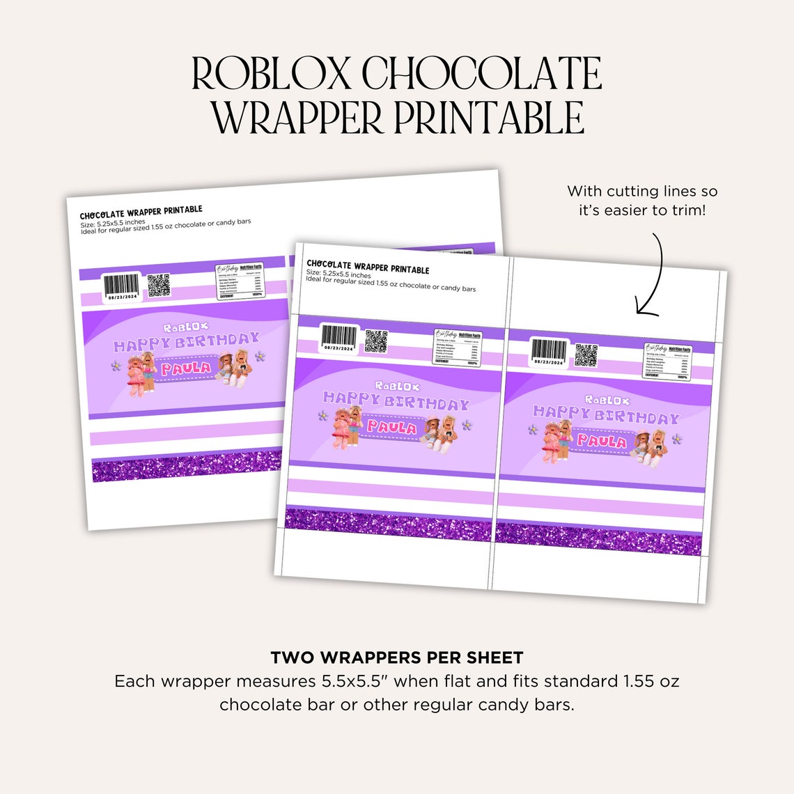 Roblox Girls Party Chocolate Wrapper Printable, Roblox Girl Chocolate Bar Wrapper, Roblox Candy ...