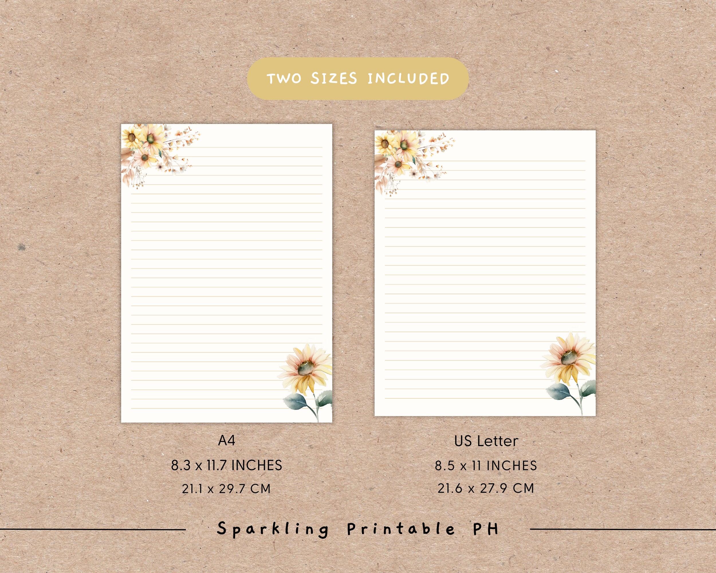 Sunflower Stationery Set Printable Line Stationery Watercolor - Etsy