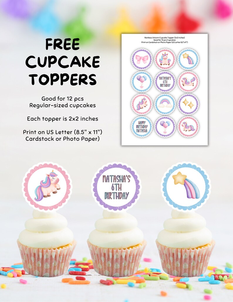 Rainbow Unicorn Cake Topper Printable, Free Cupcake Toppers, Rainbow Unicorn Cake Toppers, Free ...