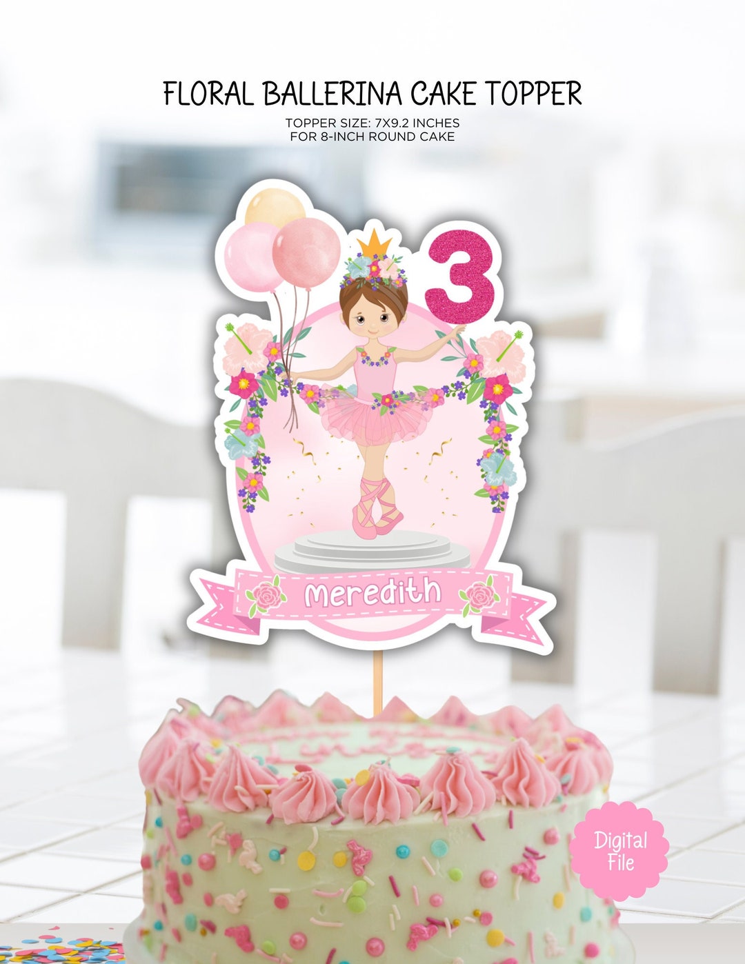 Floral Ballerina Cake Topper Printable, Personalized Birthday Cake ...