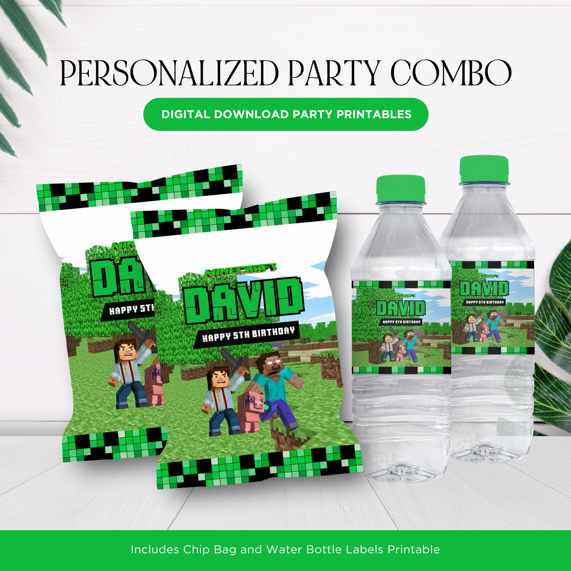 Minecrafter Party Combo, Digital Party Kit, Minecrafter Chip Bag, Minecrafter Water Bottle Label, Free Customize, Digital Download