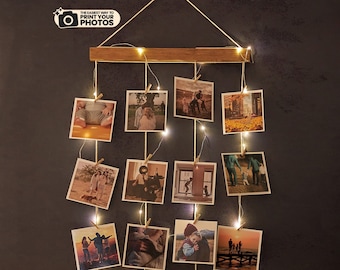 Suspension photo en bois avec lumières ! Porte-photos, Tableau en bois, Présentoir de photos en bois, Suspension de photos, Tableau en bois, Cadeau pour la Saint-Valentin