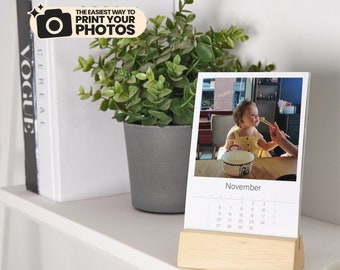 2024 Photo Prints with Wooden Stand Desk Calendar, Photo Custom Calendar, Personalized Calendar Prints, Desktop Photo Desk Calendar