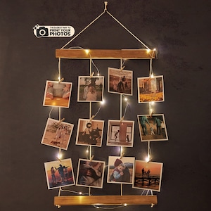 Wood Photo Hanger with Lights! Photo Holder, Wooden Picture Board, Wooden Photo Display, Photo Hanging, Wood Photo Board Valentines Day Gift