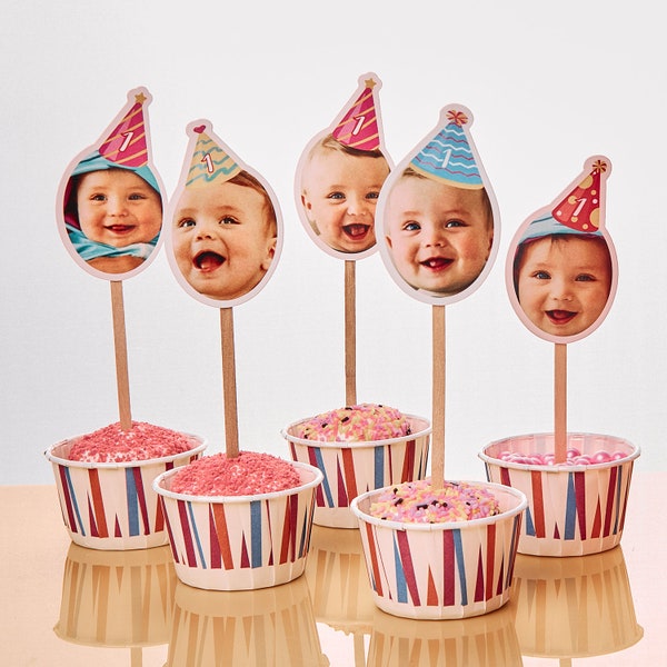 Décoration de cupcake de fête d'anniversaire personnalisée, décoration de fête d'anniversaire photo personnalisée pour tous les âges, décoration de petit gâteau visage de bébé, décoration de petit gâteau visage personnalisé