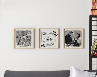 Regalo personalizado para conjunto familiar de 3, mapa de fotos de madera, collage de fotos de mapa de la ciudad, decoración de pared, regalo para el hogar, regalo de aniversario para parejas, arte de pared