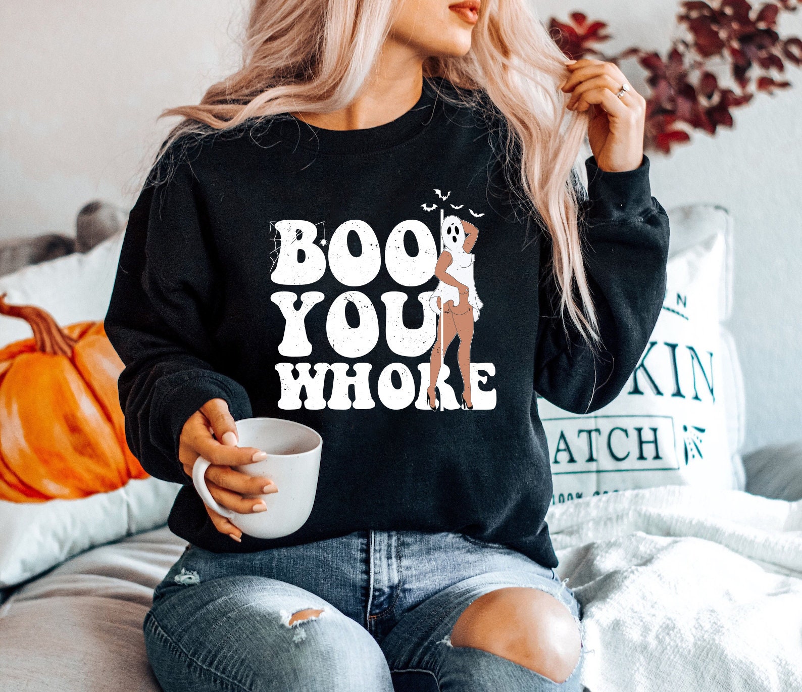 Discover Boo You Horror Halloween Sweatshirt, Boo You Whore Shirt, Funny Halloween Sweatshirt, Funny Ghost Shirt, Horrors in This House Sweater