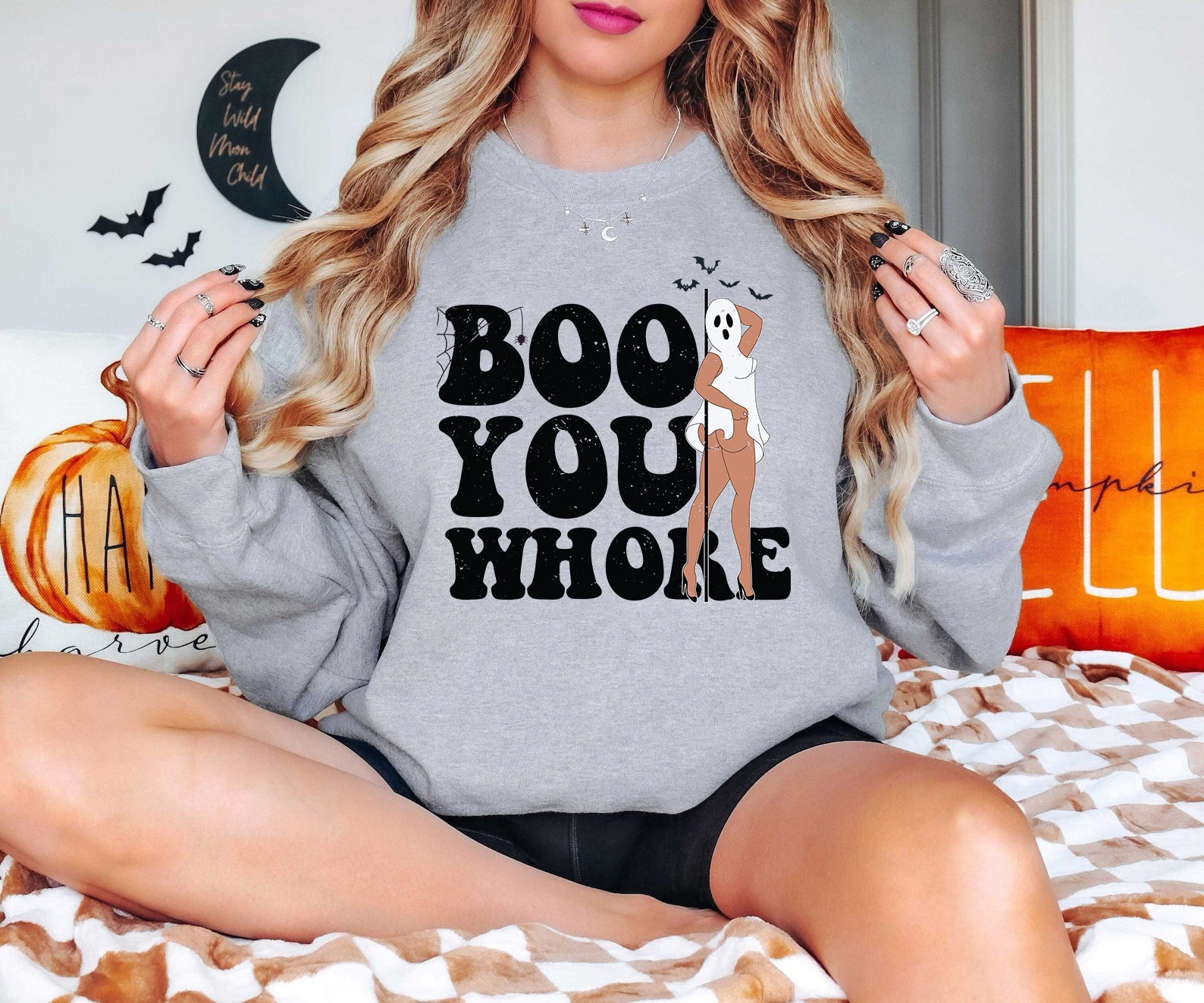 Discover Boo You Horror Halloween Sweatshirt, Boo You Whore Shirt, Funny Halloween Sweatshirt, Funny Ghost Shirt, Horrors in This House Sweater