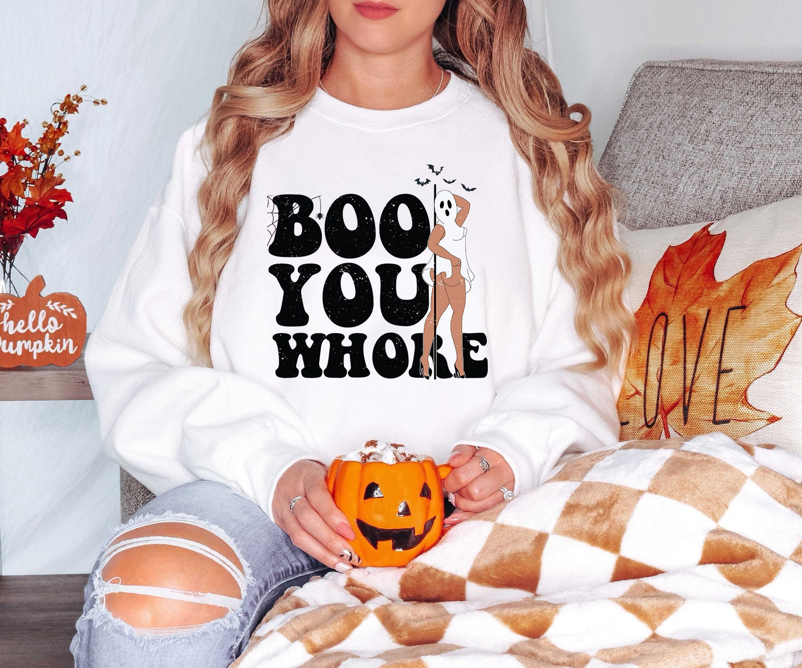 Discover Boo You Horror Halloween Sweatshirt, Boo You Whore Shirt, Funny Halloween Sweatshirt, Funny Ghost Shirt, Horrors in This House Sweater