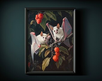 May include: Two white bats with pink wings perched on a branch of a tree with red berries. The bats have white fur and pink ears. The background is dark and the tree has green leaves.