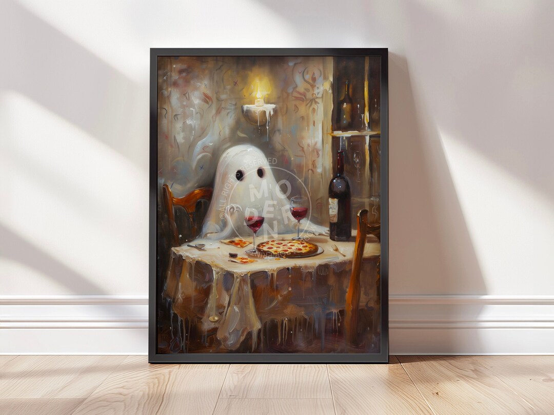 Pizza Ghost, PRINTABLE Poster, Ghost Dining in Italian Restaurant, Cute ...
