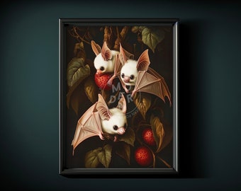 May include: Three white bats with large, delicate wings are perched on a branch with red berries. The bats have large, black eyes and are depicted in a realistic style.