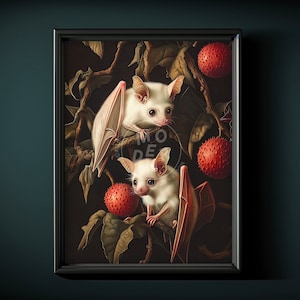May include: Two white bats with pink wings are perched on a branch with red spiky fruit. The bats have large, black eyes and are looking at the viewer. The background is dark green and brown.