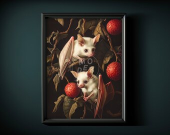 May include: Two white bats with pink wings are perched on a branch with red spiky fruit. The bats have large, black eyes and are looking at the viewer. The background is dark green and brown.