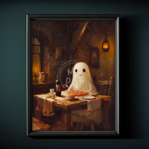 Póster imprimible de fantasma amigable, cena fantasma, pintura de fantasma adorable, regalo para amantes de la pizza, regalo gourmet, vino de pizza, fantasma de pizza, impresión artística de póster