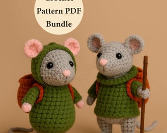 Pacchetto di modelli all'uncinetto per topi escursionisti in formato PDF: 2 topolini avventurieri amigurumi con zaino, peluche fai da te a tema foresta, idee regalo kawaii per la natura