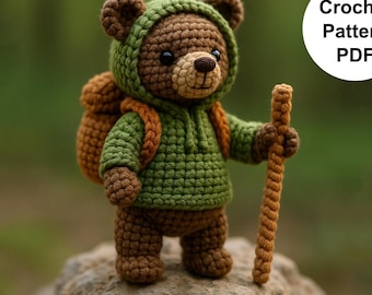 Tiny Explorer Bear Crochet Pattern PDF – Amigurumi Hiker Bear with Backpack, Kawaii Forest Plush, Step-by-Step DIY Tutorial 5"/13 cm
