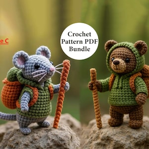 May include: Crocheted mouse and bear figurines, each wearing a green hooded jacket and carrying a backpack and walking stick. The mouse is gray with a long tail, and the bear is brown. The image includes the text "Crochet Pattern PDF Bundle."